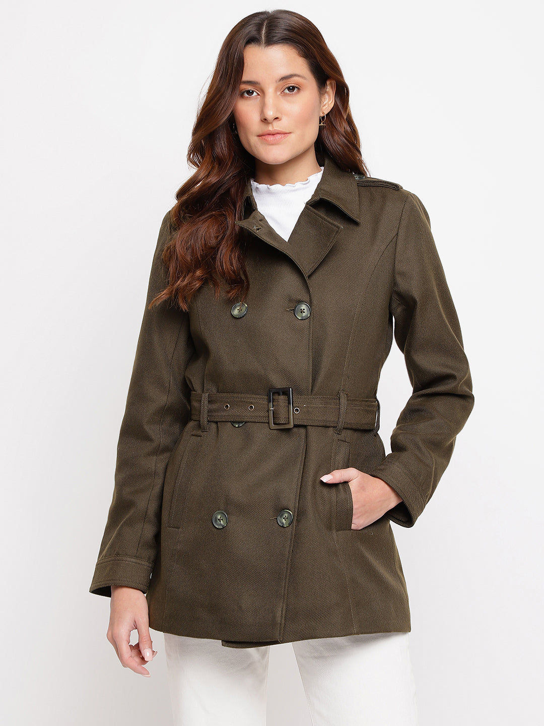 Green Full Sleeve Trenchcoat With Belt