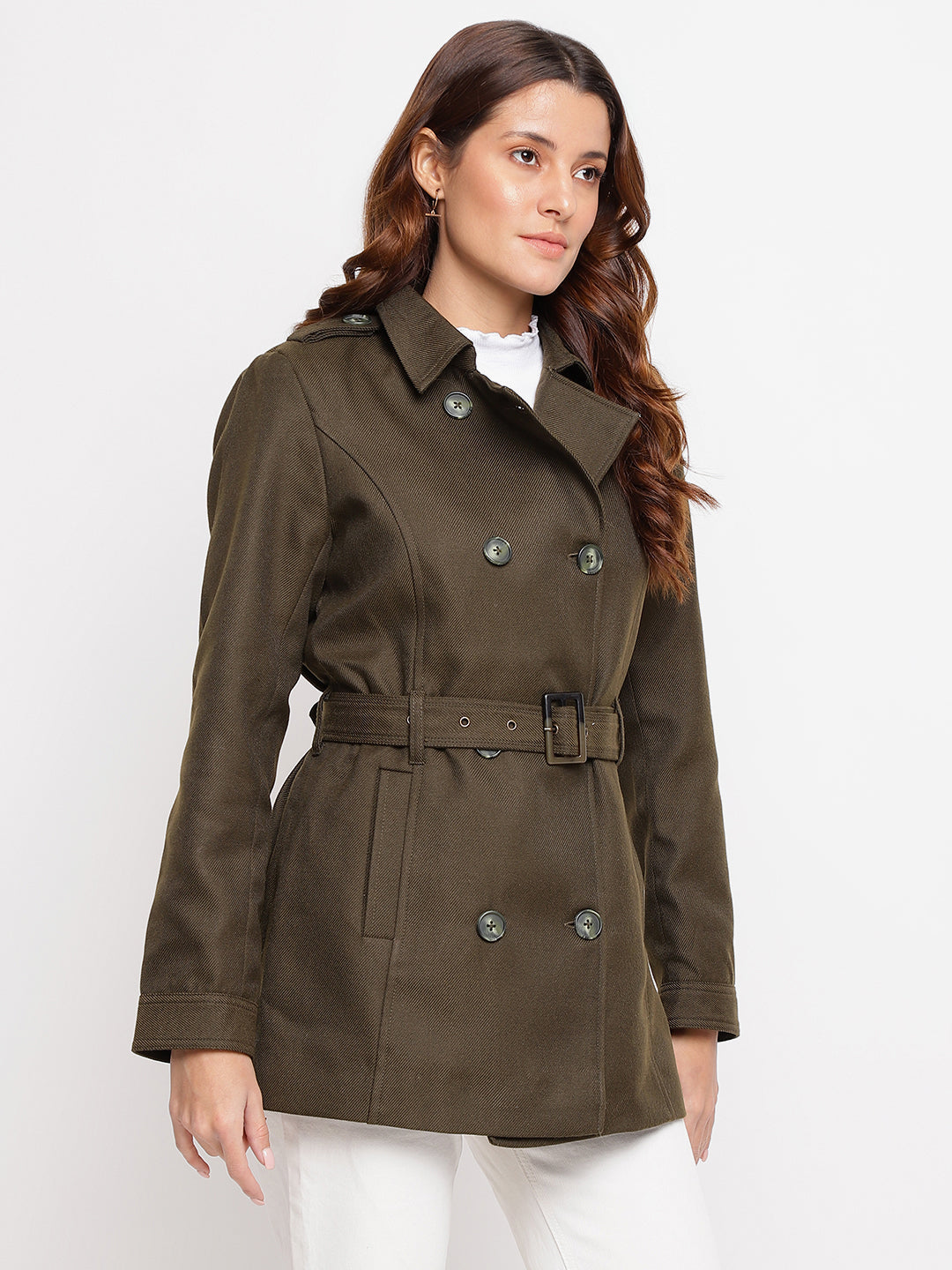Green Full Sleeve Trenchcoat With Belt