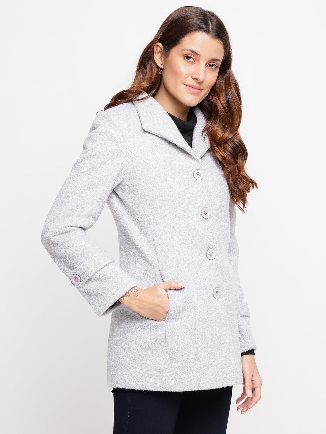 Grey Full Sleeve Buttoned Over Coat