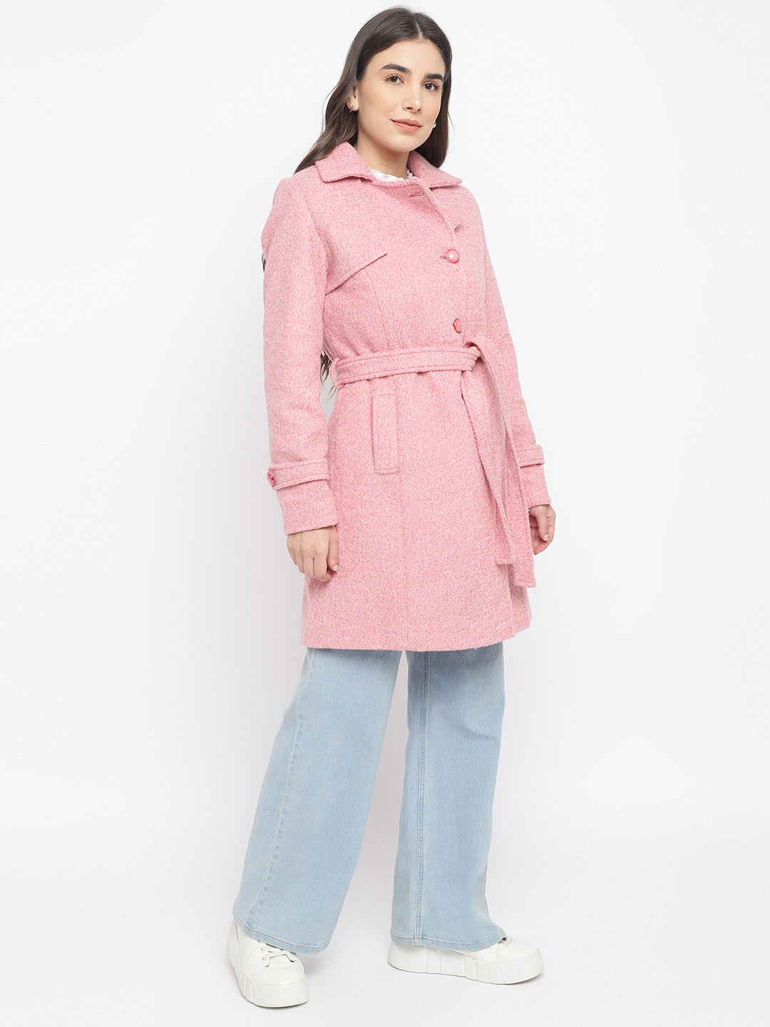 Coral Full Sleeve Over Coat With Belt