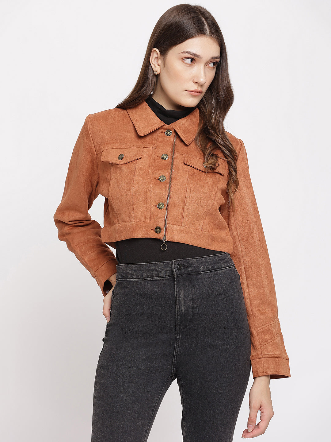 Brown Full Sleeve Straight Women Jacket