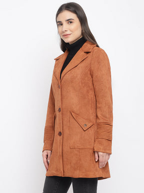 Brown Solid Full Sleeve Trench Coat