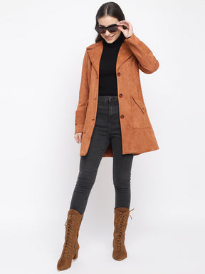 Brown Solid Full Sleeve Trench Coat