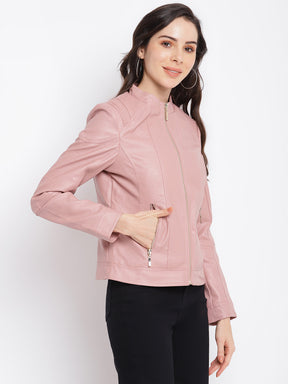 Pink Full Sleeve Solid Biker Jacket