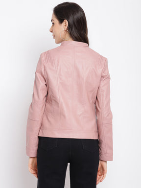 Pink Full Sleeve Solid Biker Jacket