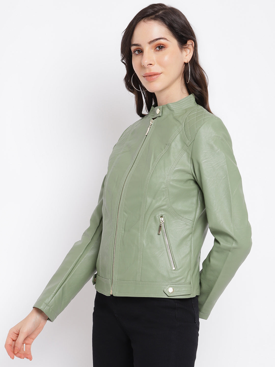 Green Full Sleeve Biker Jacket