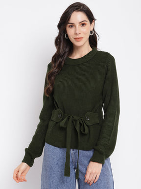 Green Full Sleeve Pullover Solid Sweatertop