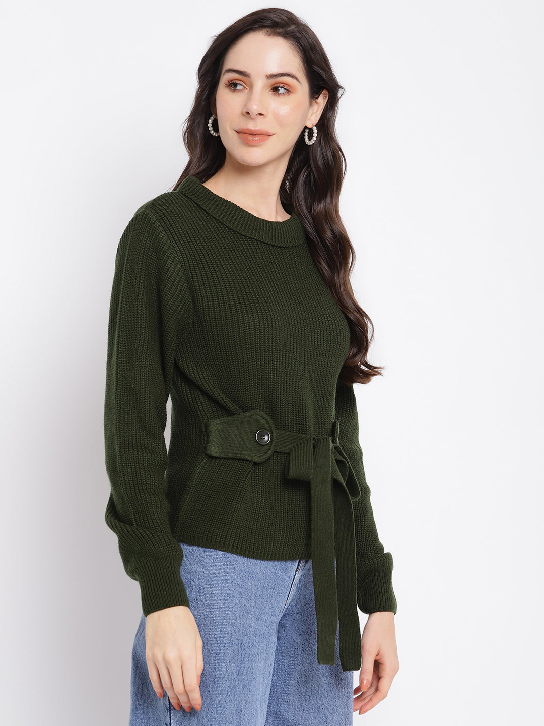 Green Full Sleeve Pullover Solid Sweatertop