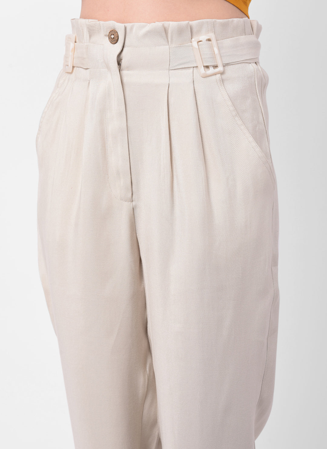 Beige Straight Pant With Belt