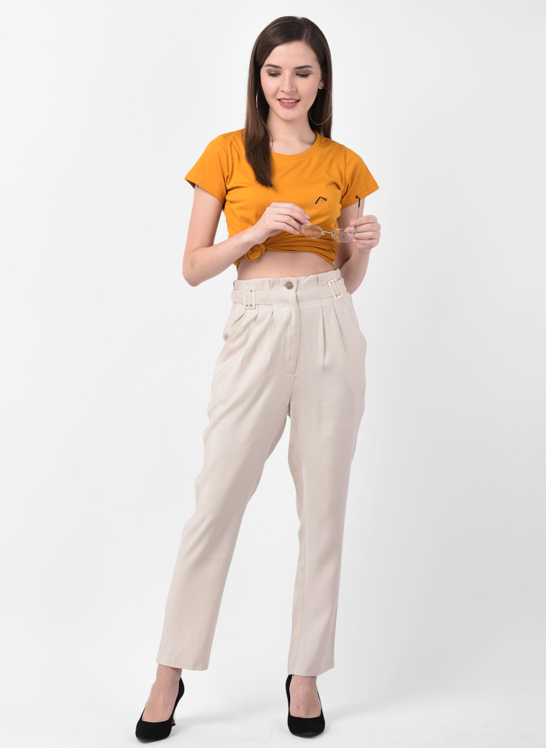 Beige Straight Pant With Belt