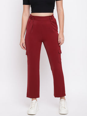 Maroon Straight Pant With Belt