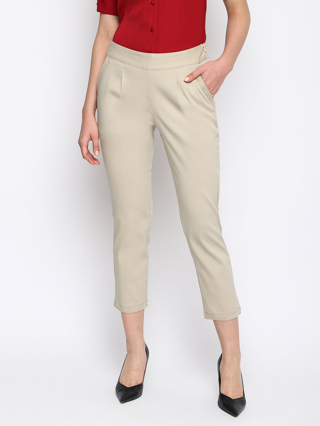 Beige Solid Straight Pant