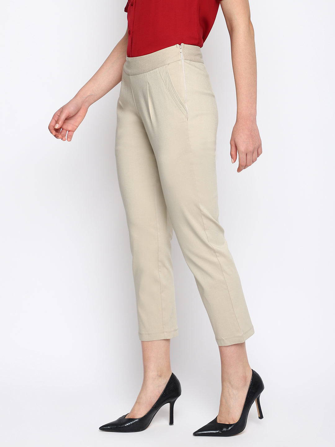 Beige Solid Straight Pant