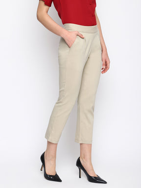 Beige Solid Straight Pant