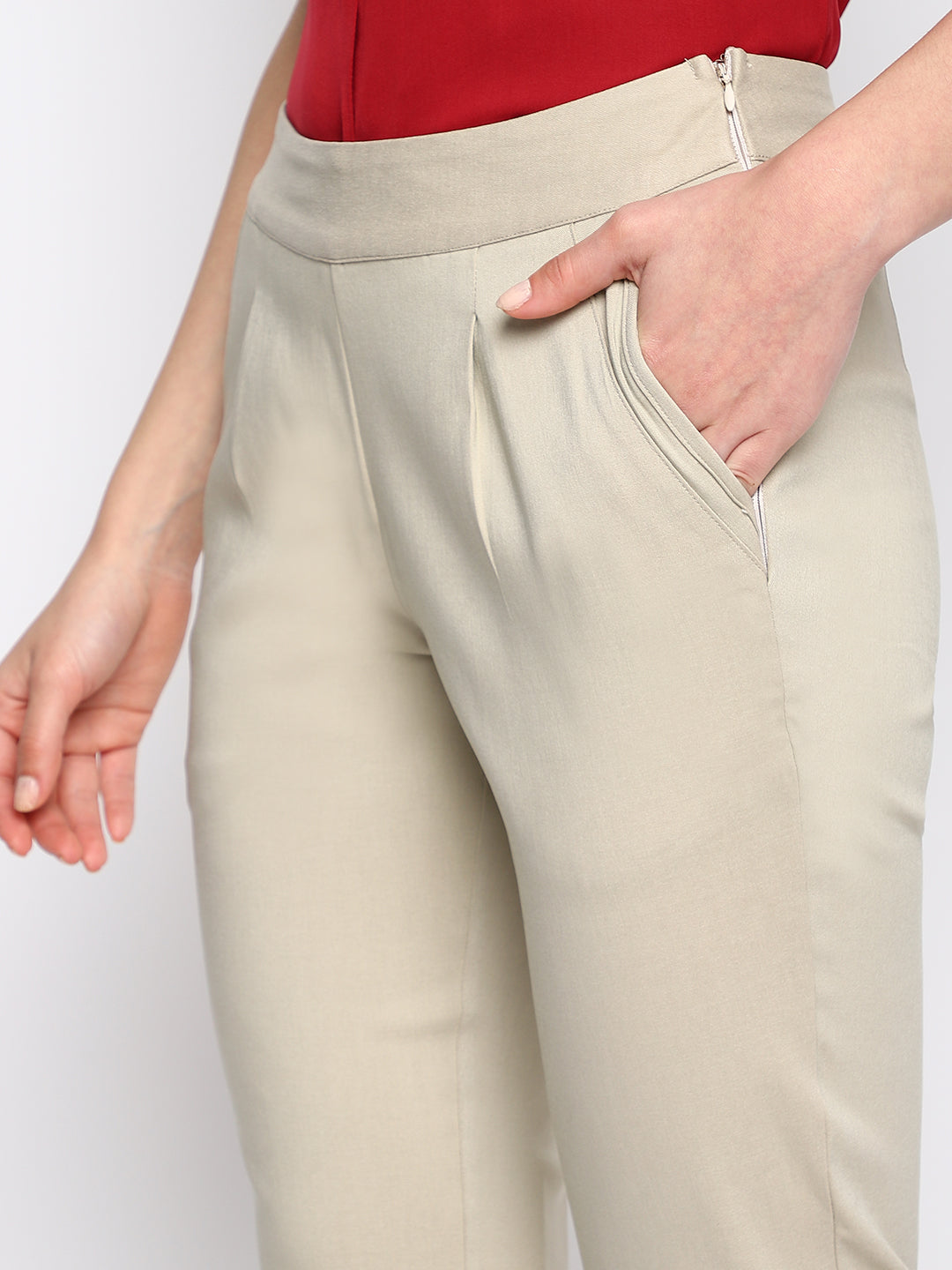 Beige Solid Straight Pant