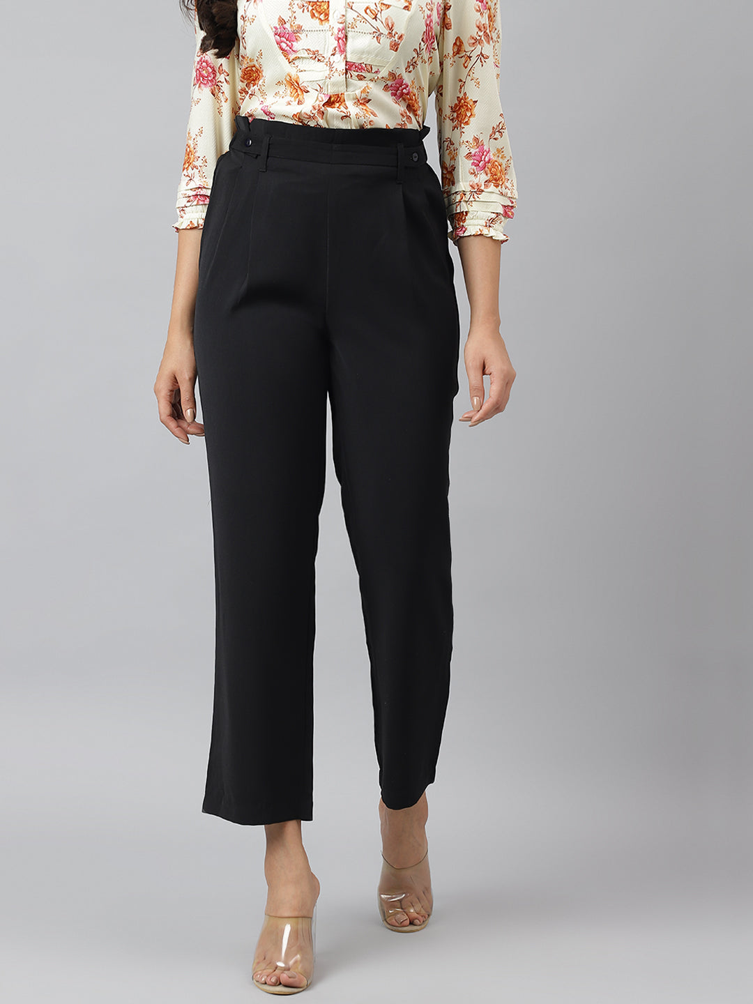Black Solid Ankle Length Pant With Pocket