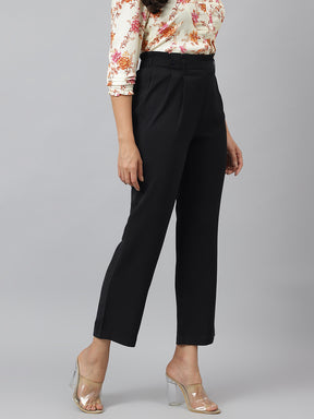 Black Solid Ankle Length Pant With Pocket