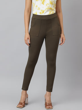 Green Solid Ankle Length Jegging With Pocket