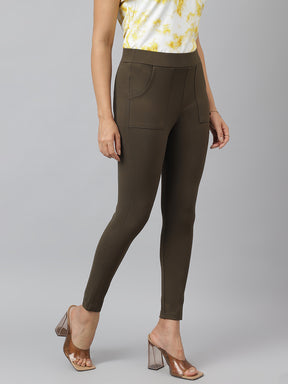 Green Solid Ankle Length Jegging With Pocket