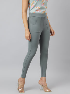 Grey Solid Ankle Length Jegging With Pocket