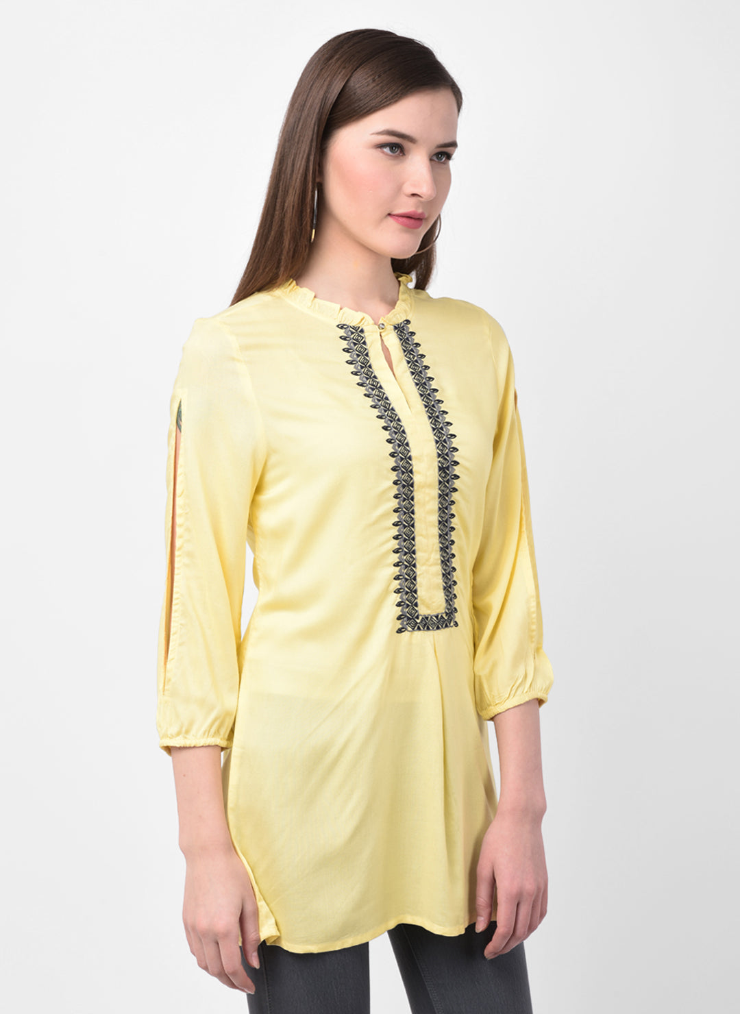 Yellow 3/4 Sleeve Straight Embroidered Tunic