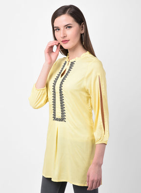 Yellow 3/4 Sleeve Straight Embroidered Tunic