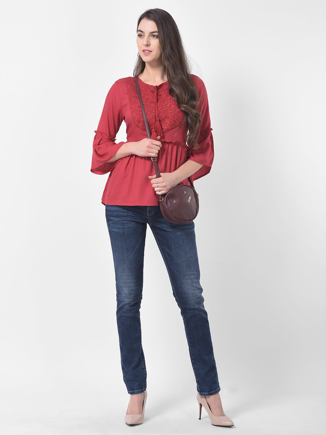 Red 3/4 Sleeve Straight Tunic