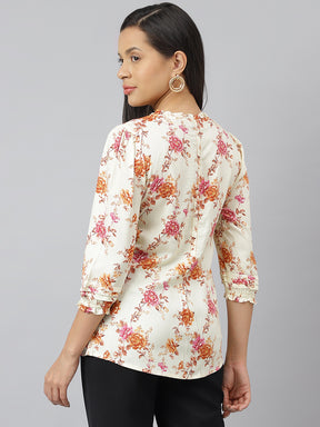 Multi Floral Printed Collared Neck With 3/4th Sleeve Tunic