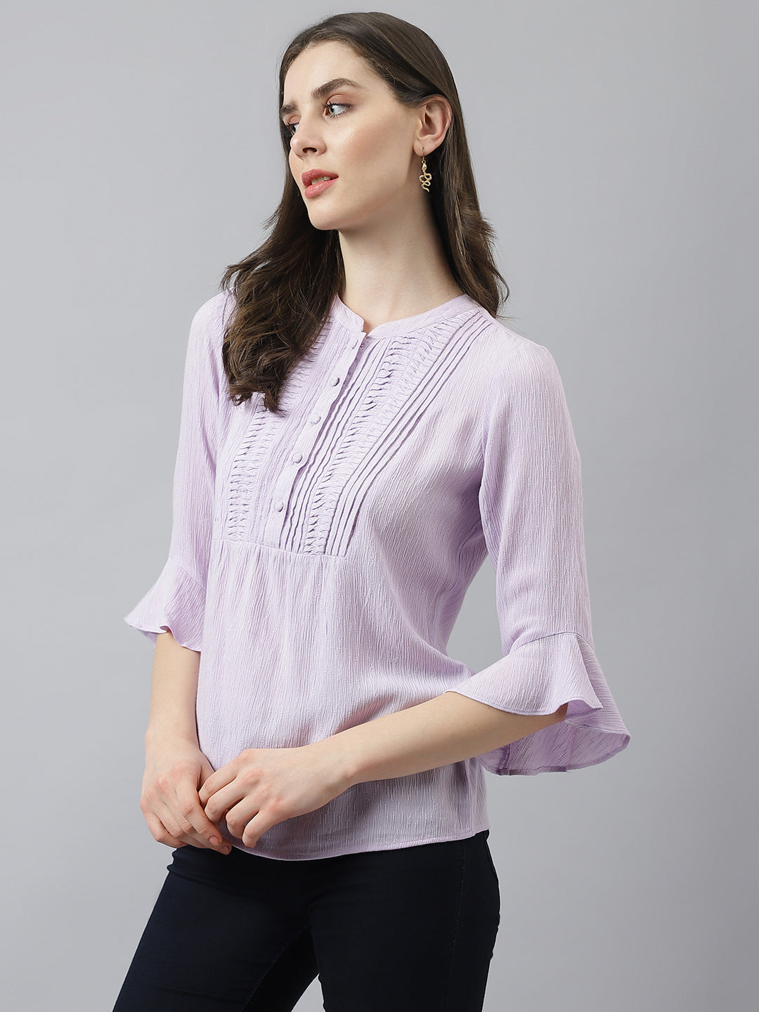 Lavender Top With Bell Sleeves & Detailed Neckline