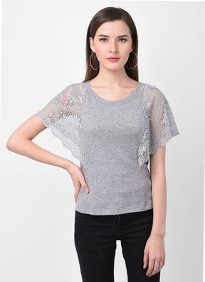 Grey Cap Sleeve T Shirt With Lace