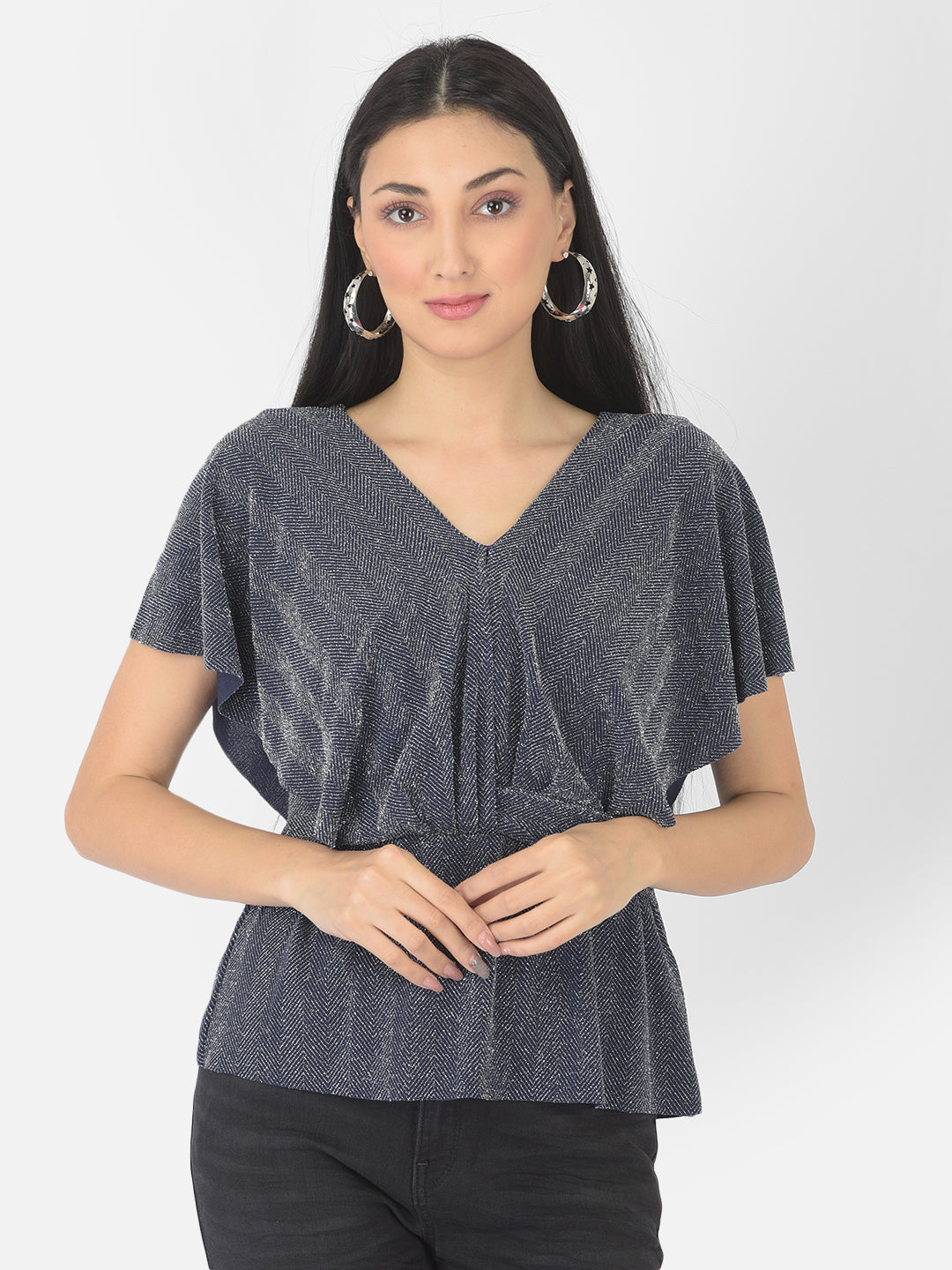Navy Blue Short Sleeve Yarn Dyed Knit Top