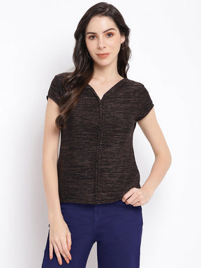 Black Solid Knit Top With Cap Sleeve