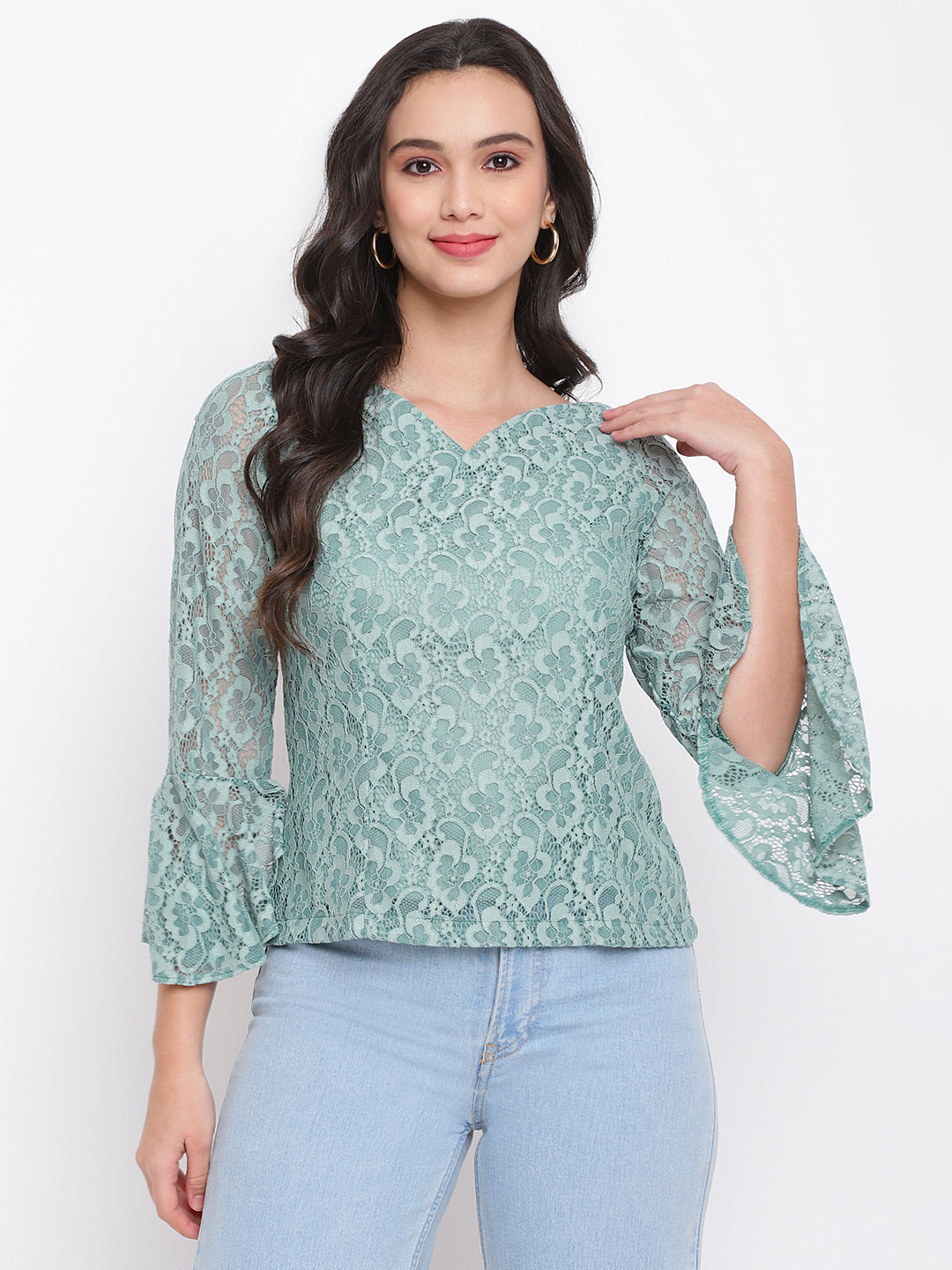 Green 3/4 Sleeve Top With Ruffles