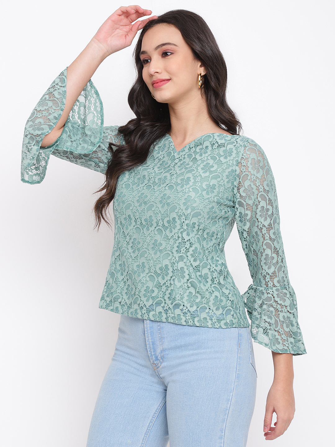 Green 3/4 Sleeve Top With Ruffles
