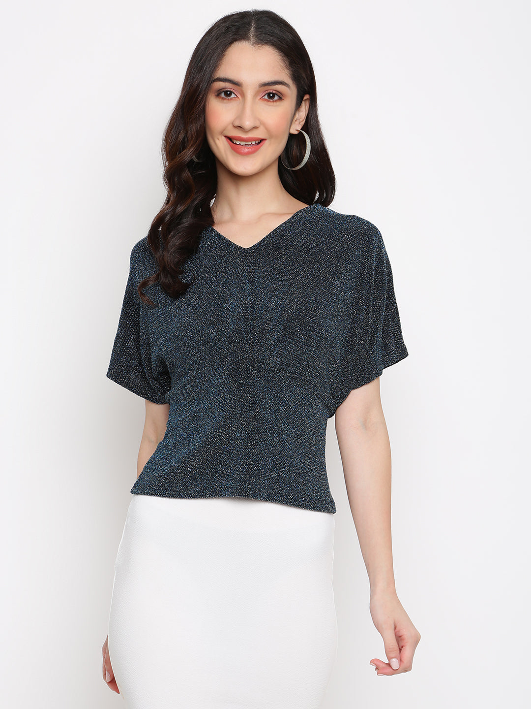 Blue Half Sleeve Top With Pleated