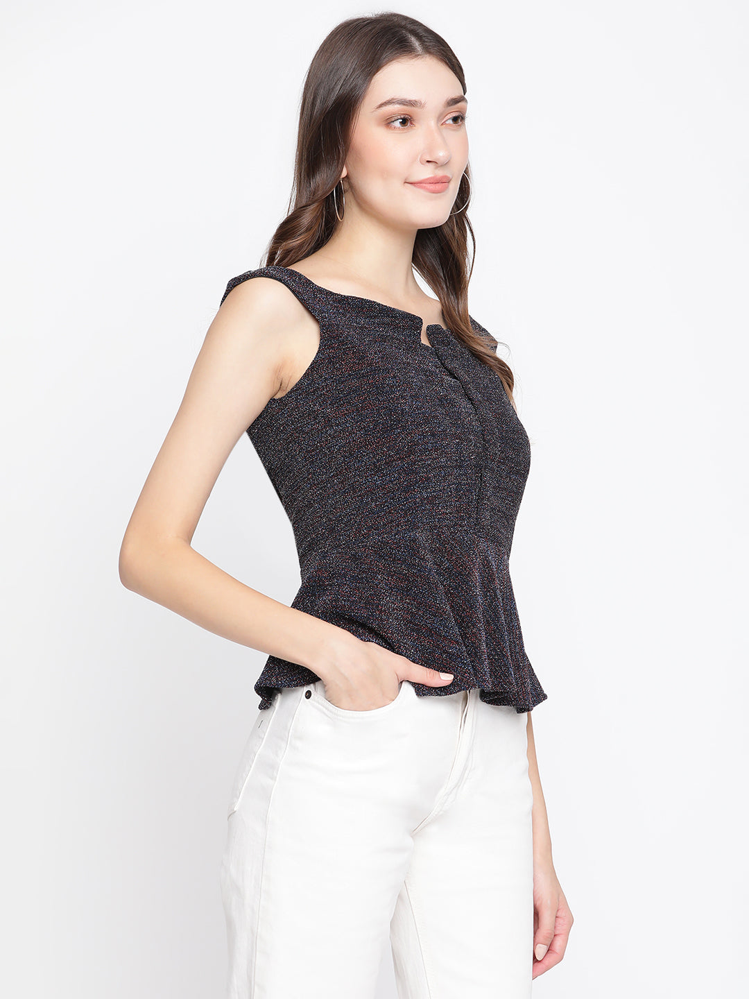 Blue Yarn Dyed Knit Top With Sleeveless