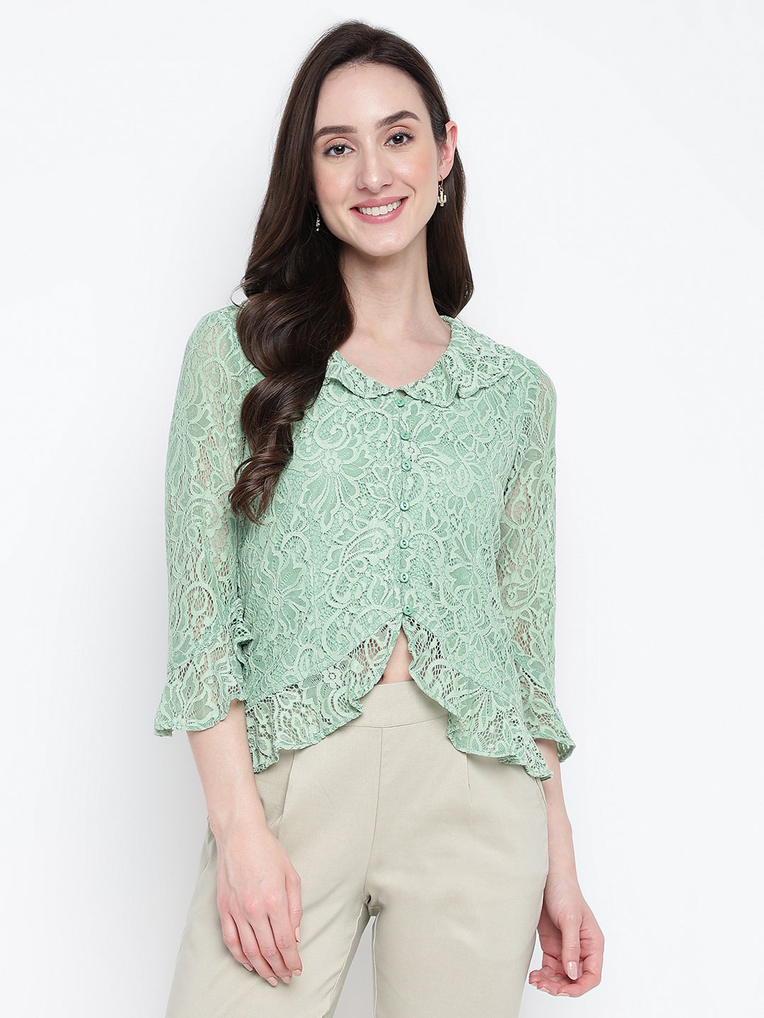 Green 3/4 Sleeve Solid Top Knit Top