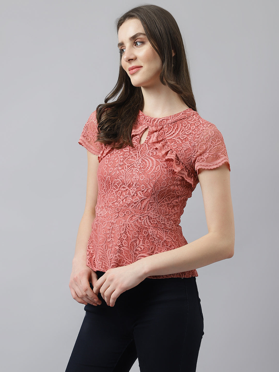 Rose Self Design Lace Top With Cap Sleeves & Ruffles