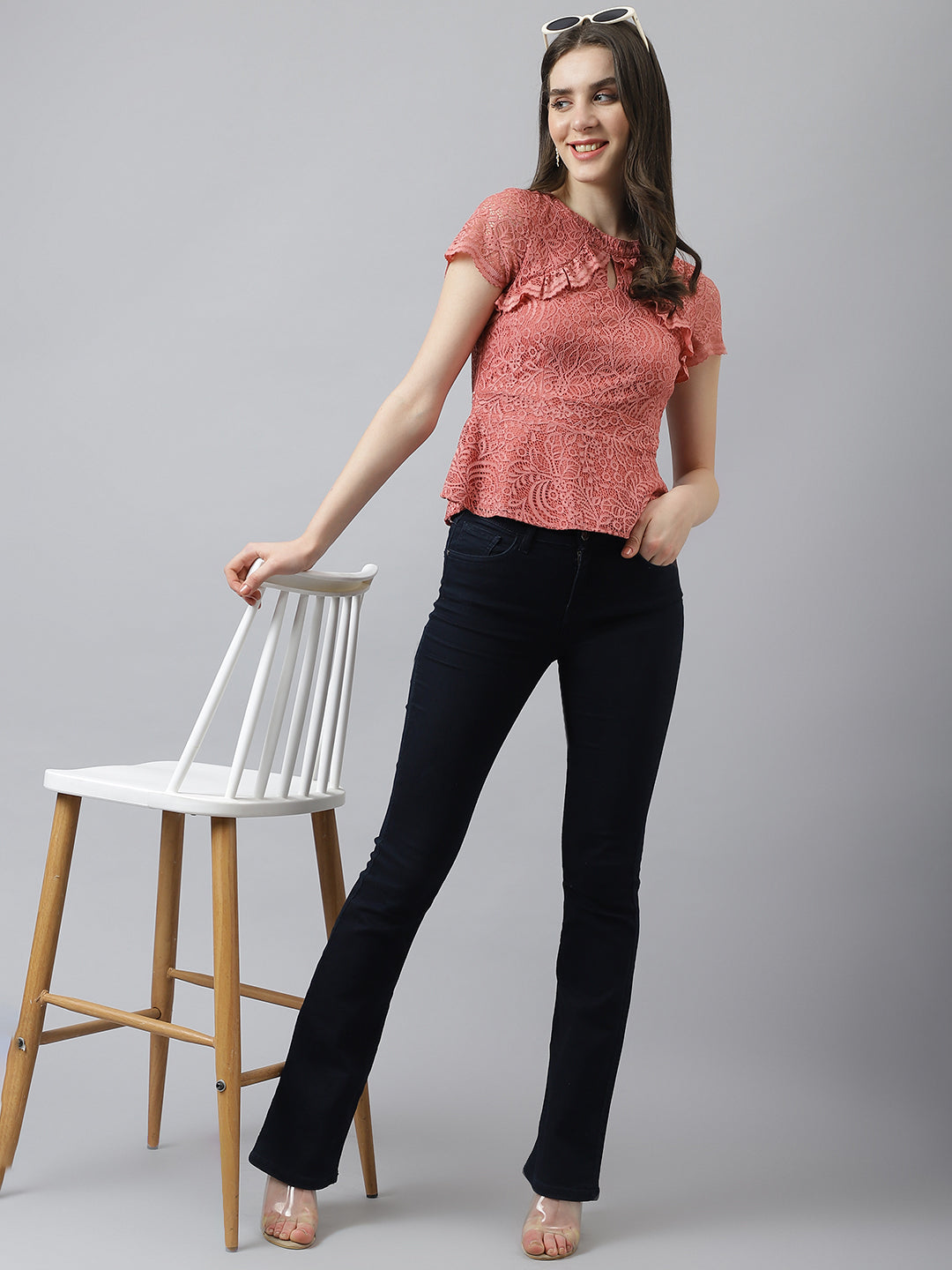 Rose Self Design Lace Top With Cap Sleeves & Ruffles