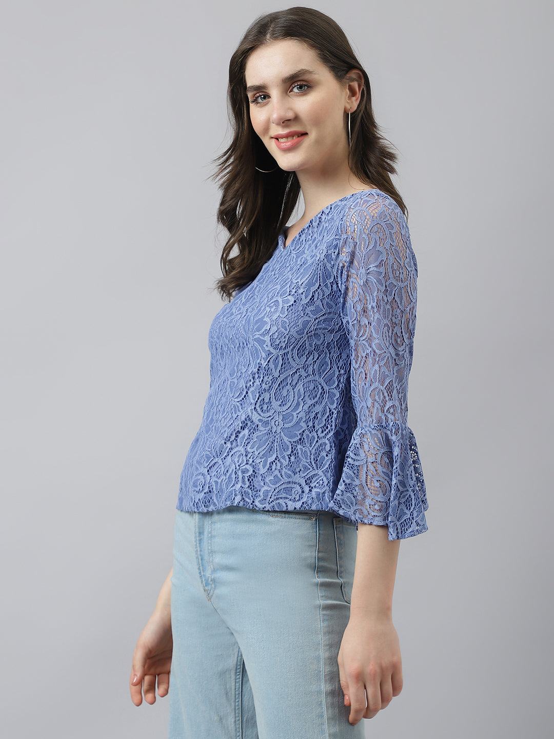 Blue V Neck Top With Bell Sleeves