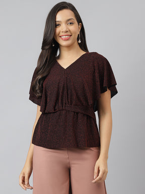 Red V Neck With Flare Sleeve Embellished Ruffle Top