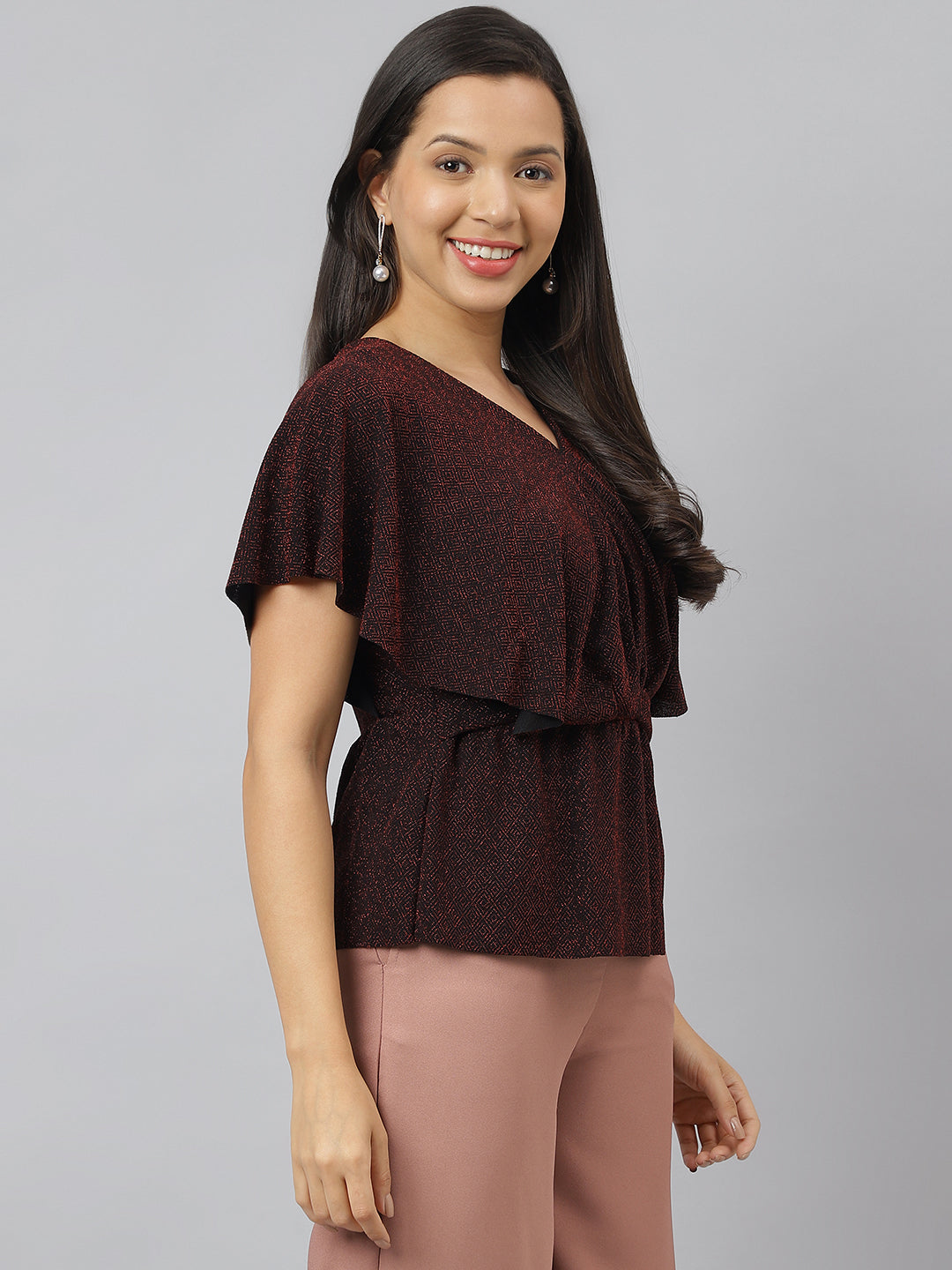 Red V Neck With Flare Sleeve Embellished Ruffle Top
