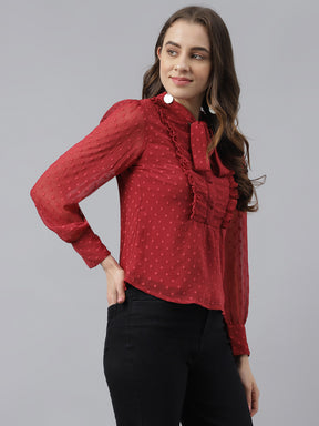 Maroon Solid Puffer Sleeve Ruffle Top With Tie Up Neck